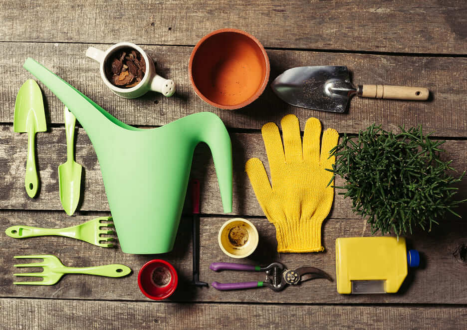 Une sélection d'outils de jardinage essentiels, comme un transplantoir, un sécateur et des gants, posés sur une surface en bois.